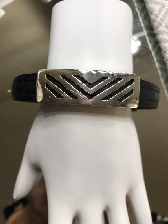 Chevron Leather Bracelet with Sterling Silver
